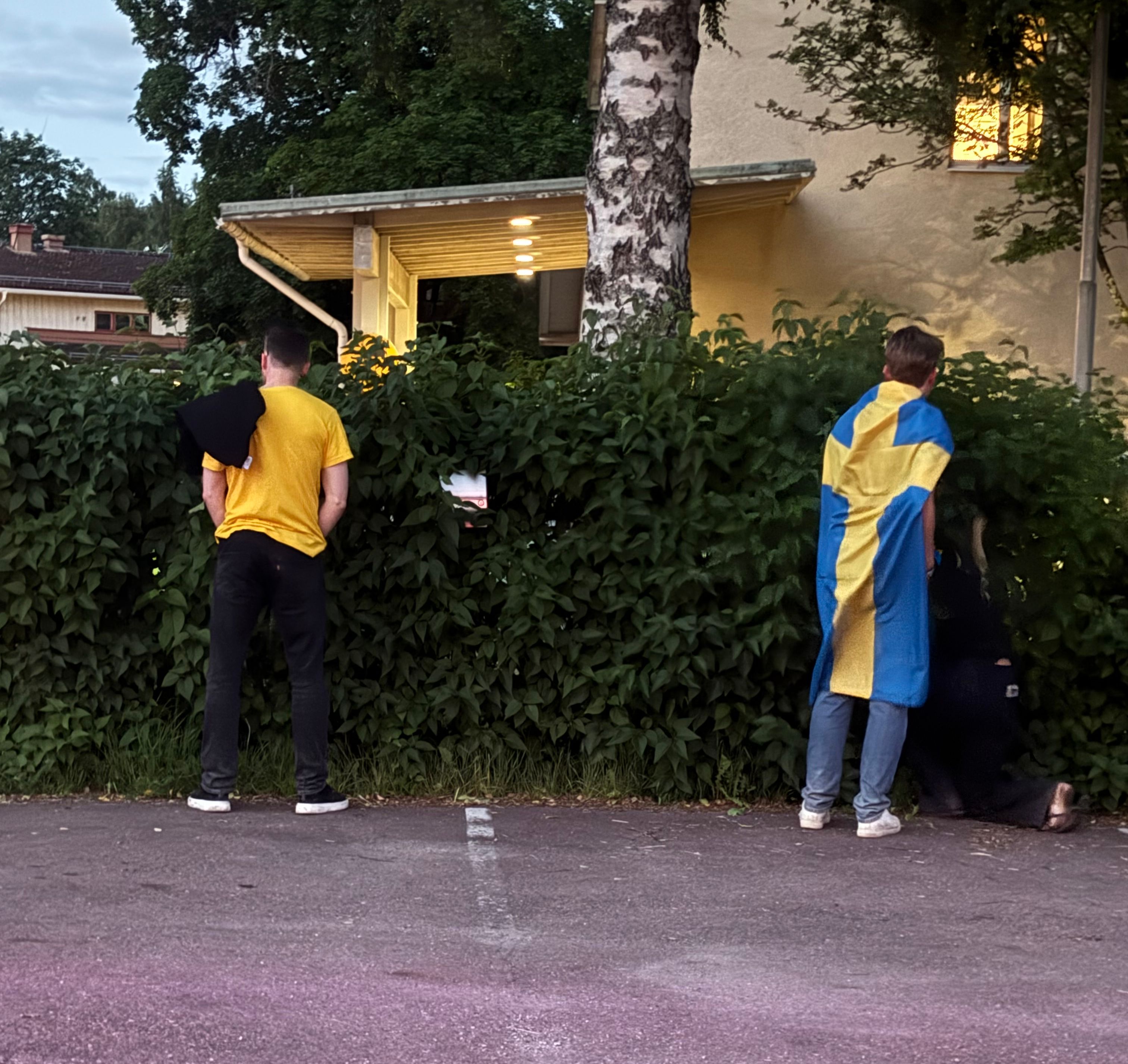 Midsommarfesten i Leksand  - Bilden illustrerar en tjej som letar efter sin väska i buskarna medans herren 1 meter bort står och kissar, kortet är taget från garderoben! Om hon hittat den ännu vet vi ej, men känslan är att hon ångrar sitt beslut! 